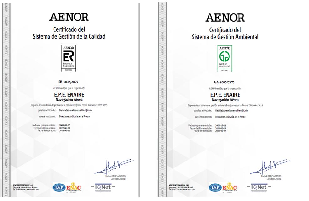ENAIRE ha conseguido renovar los certificados de los sistemas de Gestión de Calidad y Gestión Ambiental, concedidos por Aenor